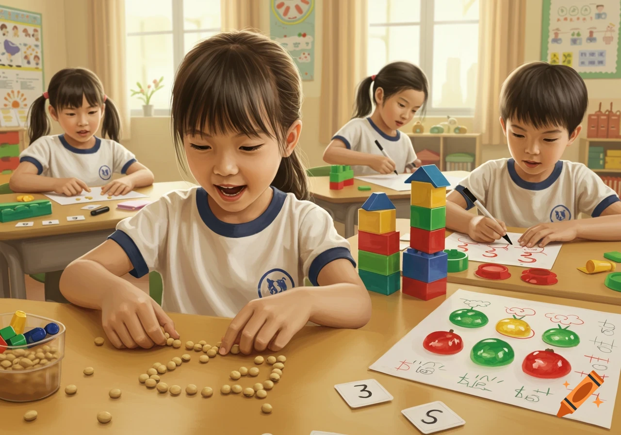 Four young Asian children in a bright classroom, engaged in various learning activities with beans, blocks, and writing materials.