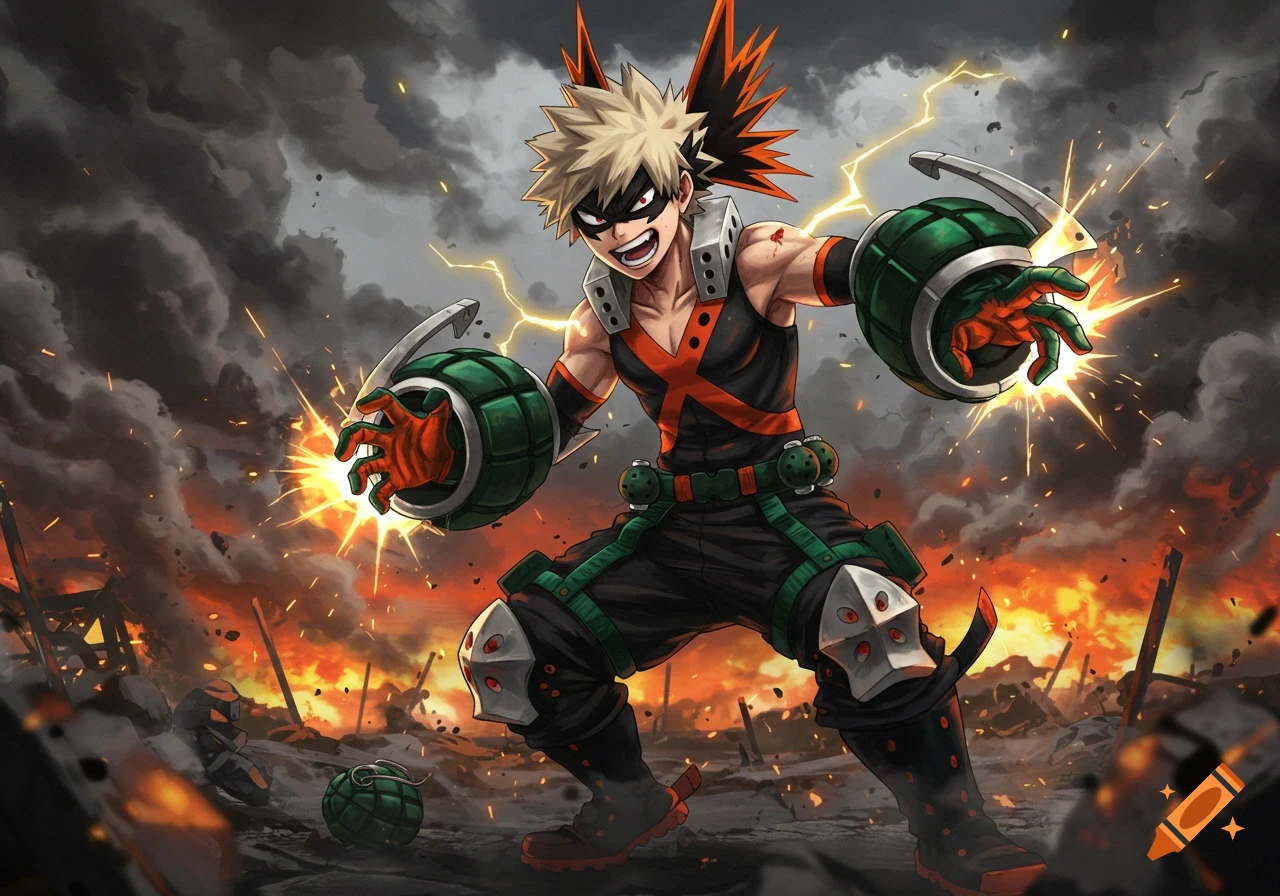 Anime character Bakugo with explosions from his hands in a fiery, destroyed landscape.