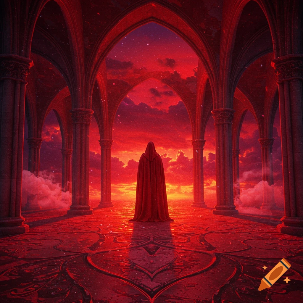 A hooded figure in a red robe stands in a long, red-lit gothic hall with arches, pillars, and a dramatic red sky with clouds and stars.