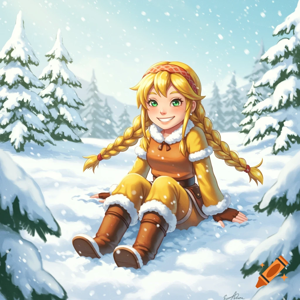 A cheerful blonde anime girl with braided hair and a yellow winter outfit sits smiling in a snowy forest with pine trees.