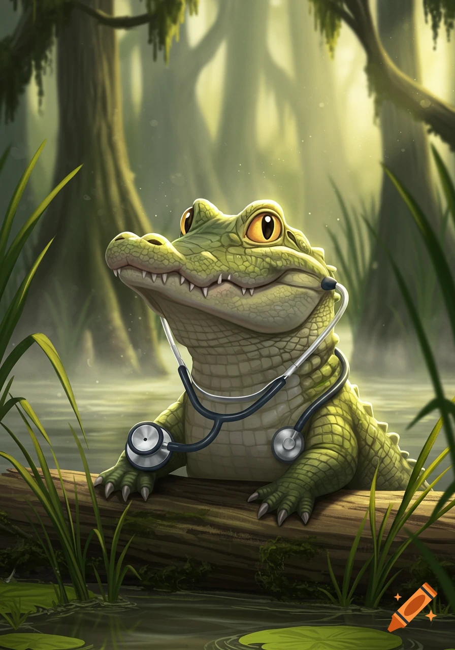 A cute, cartoonish alligator wearing a stethoscope sits on a log in a misty swamp.