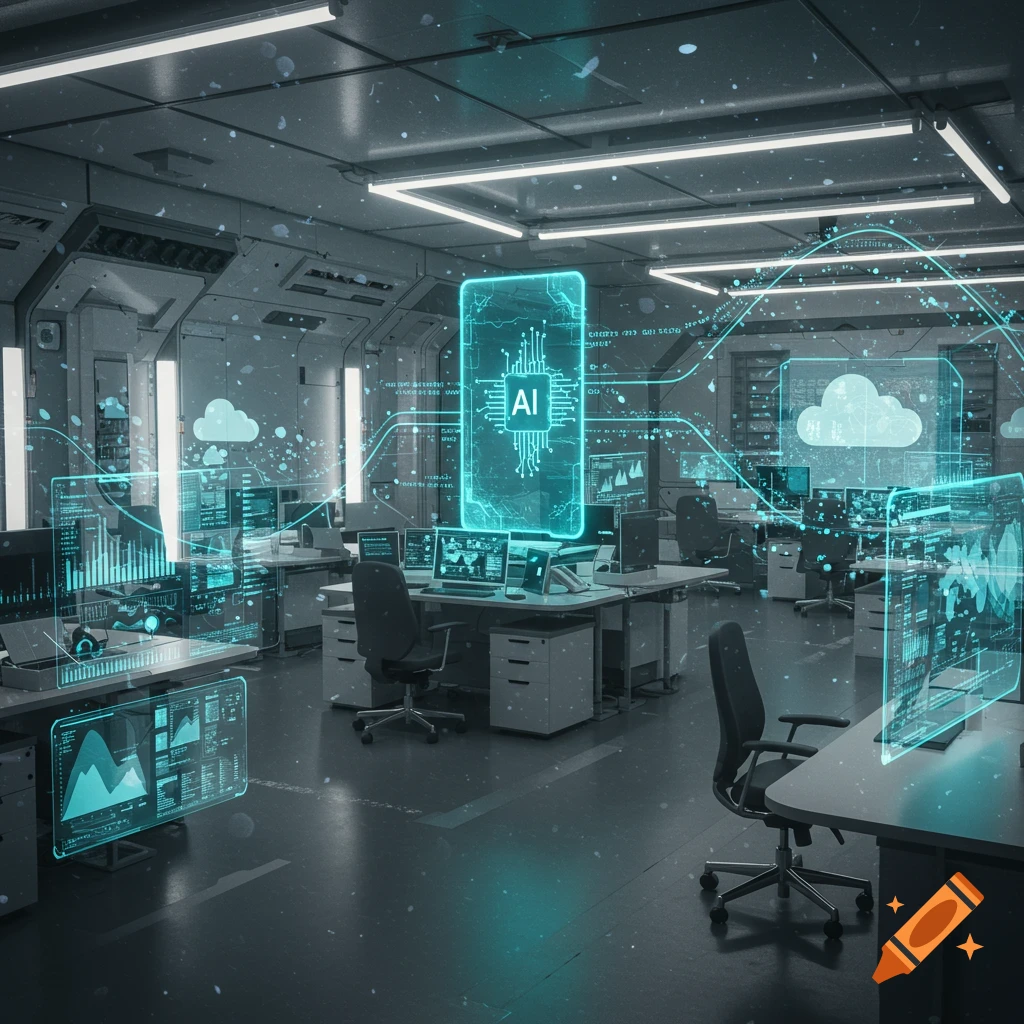 A futuristic office space with glowing blue holographic interfaces displaying data, graphs, and the text AI at the center.