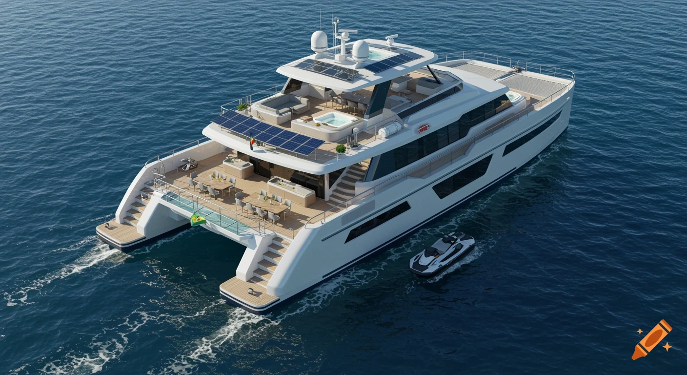 A large, luxurious white catamaran yacht with solar panels and multiple decks, sailing on calm blue water.