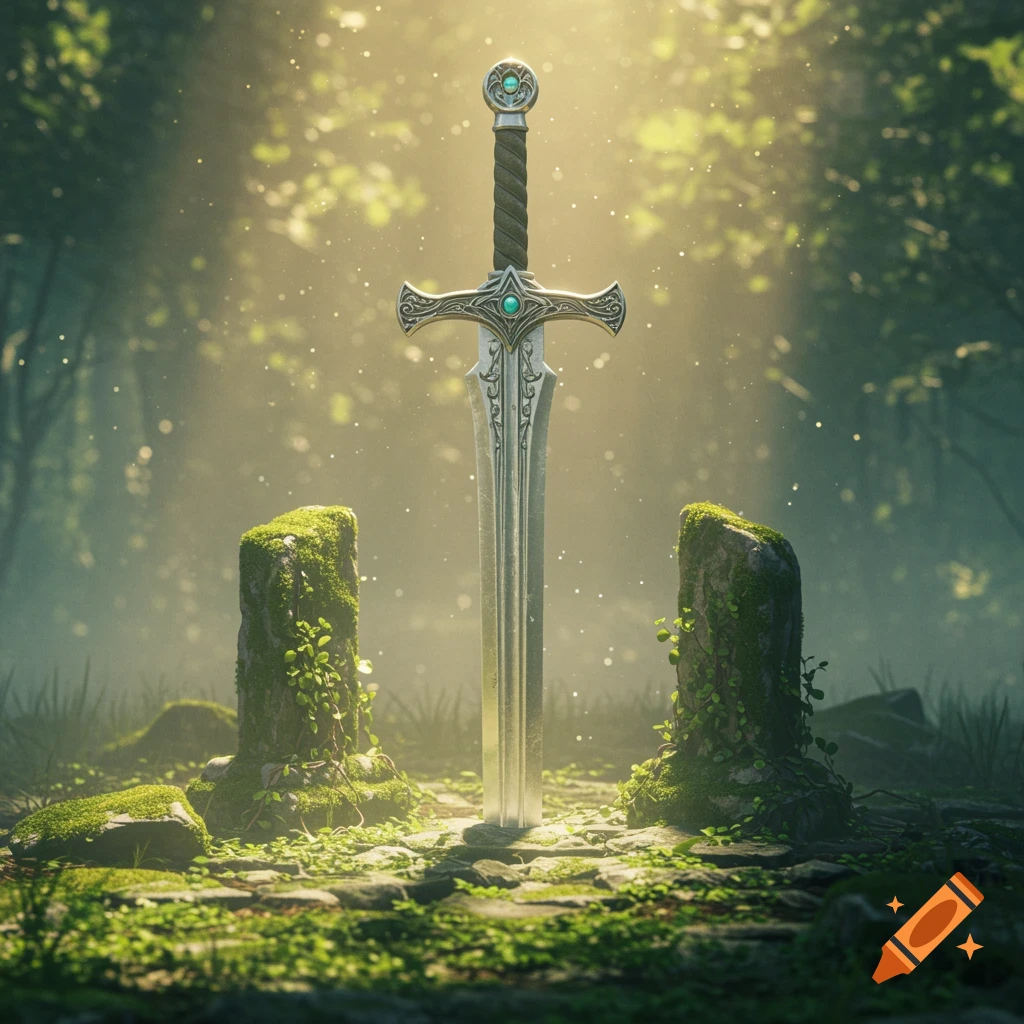 A majestic sword stands upright in a moss-covered forest clearing, illuminated by a beam of sunlight.