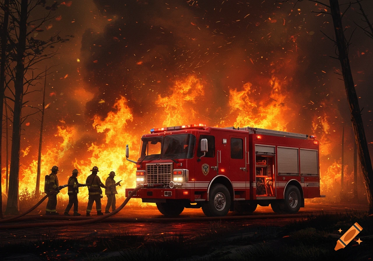 A red fire truck and four firefighters battle a large wildfire, with immense flames engulfing the forest behind them.