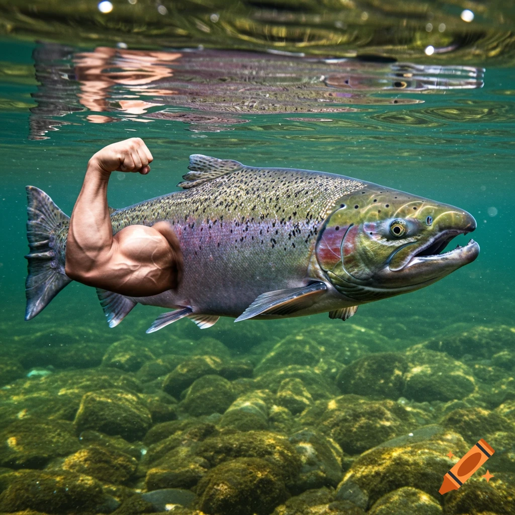 A photorealistic image of a large Chinook salmon underwater, with a muscular human arm flexing where its fin should be.