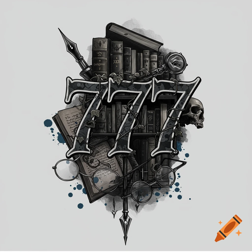 Dark academia tattoo design featuring large numbers '777' interwoven with ivy, surrounded by books, an ink pen, eyeglasses, and a skull, on a light background with ink splatters.