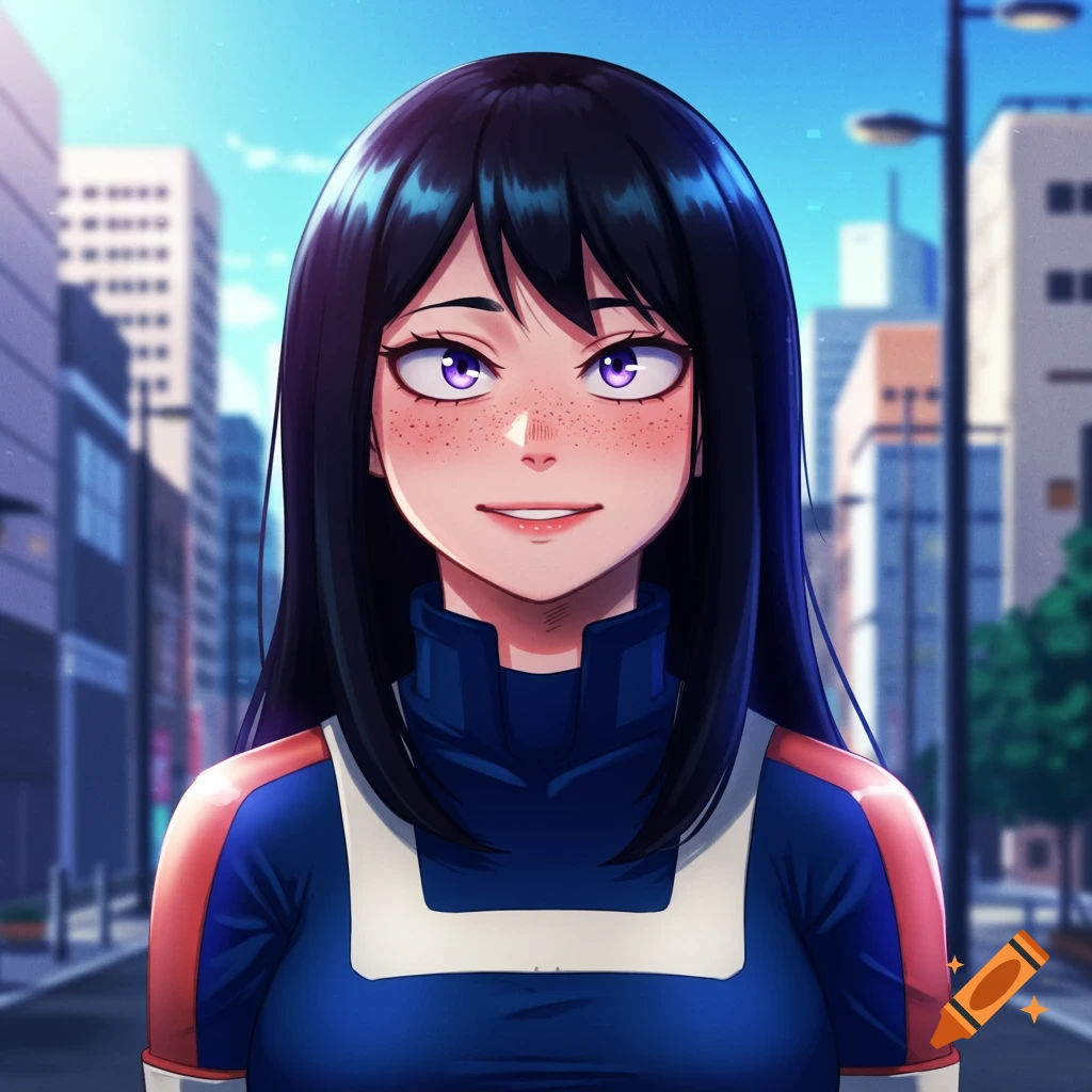 Anime style portrait of a girl with black hair, purple eyes, and freckles, wearing a blue and white uniform.