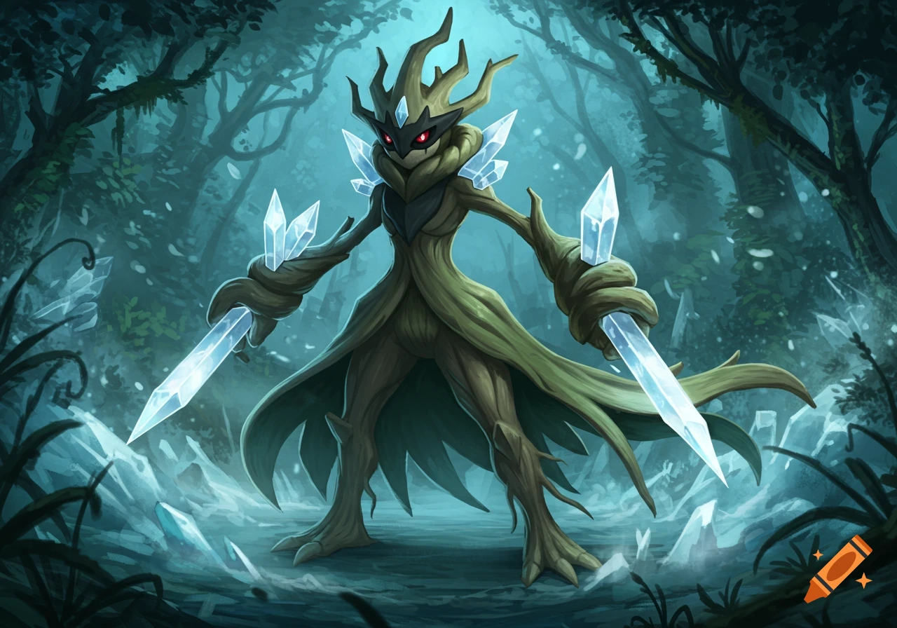 A Pokémon-like creature made of wood and roots, with a black mask, red eyes, and ice crystal blades, stands in a dark forest.