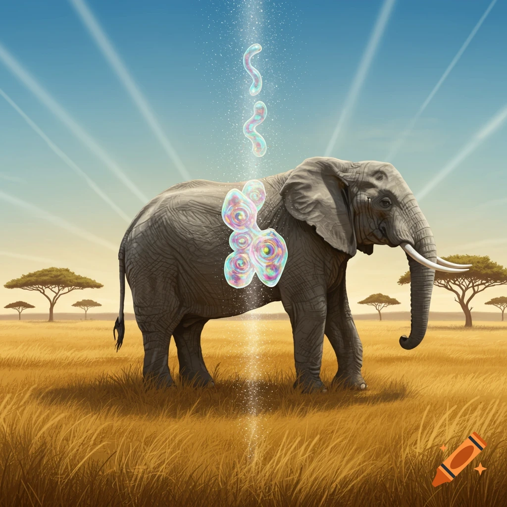 An elephant stands in a sunlit savannah with colorful, abstract shapes on its side appearing to float upwards.