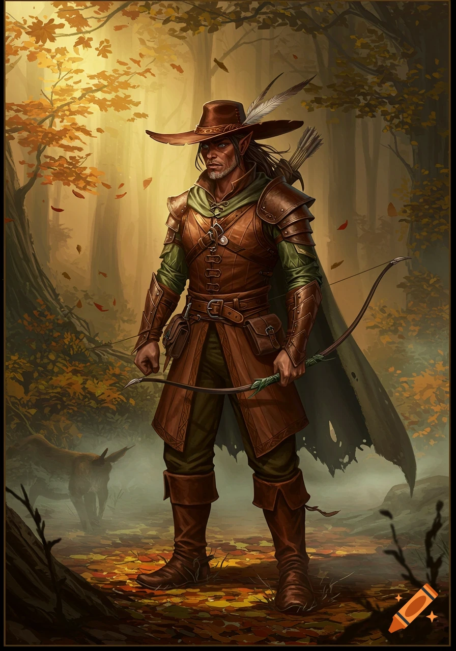 A tanned male elf ranger in a brown hat and leather armor stands in an autumn forest with a bow.
