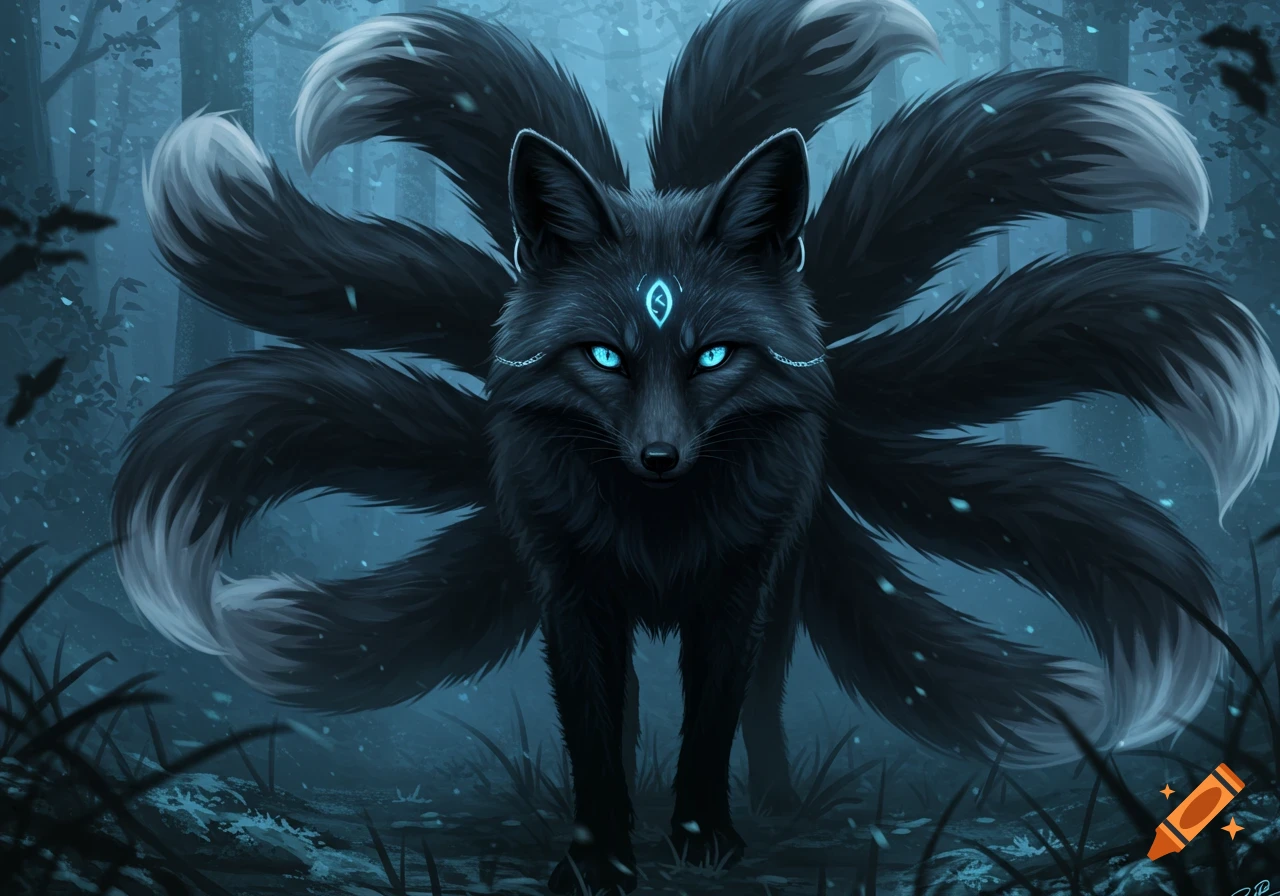 Mystical black fox with multiple tails, glowing blue eyes, and a forehead symbol stands in a dark, ethereal forest with falling light particles.