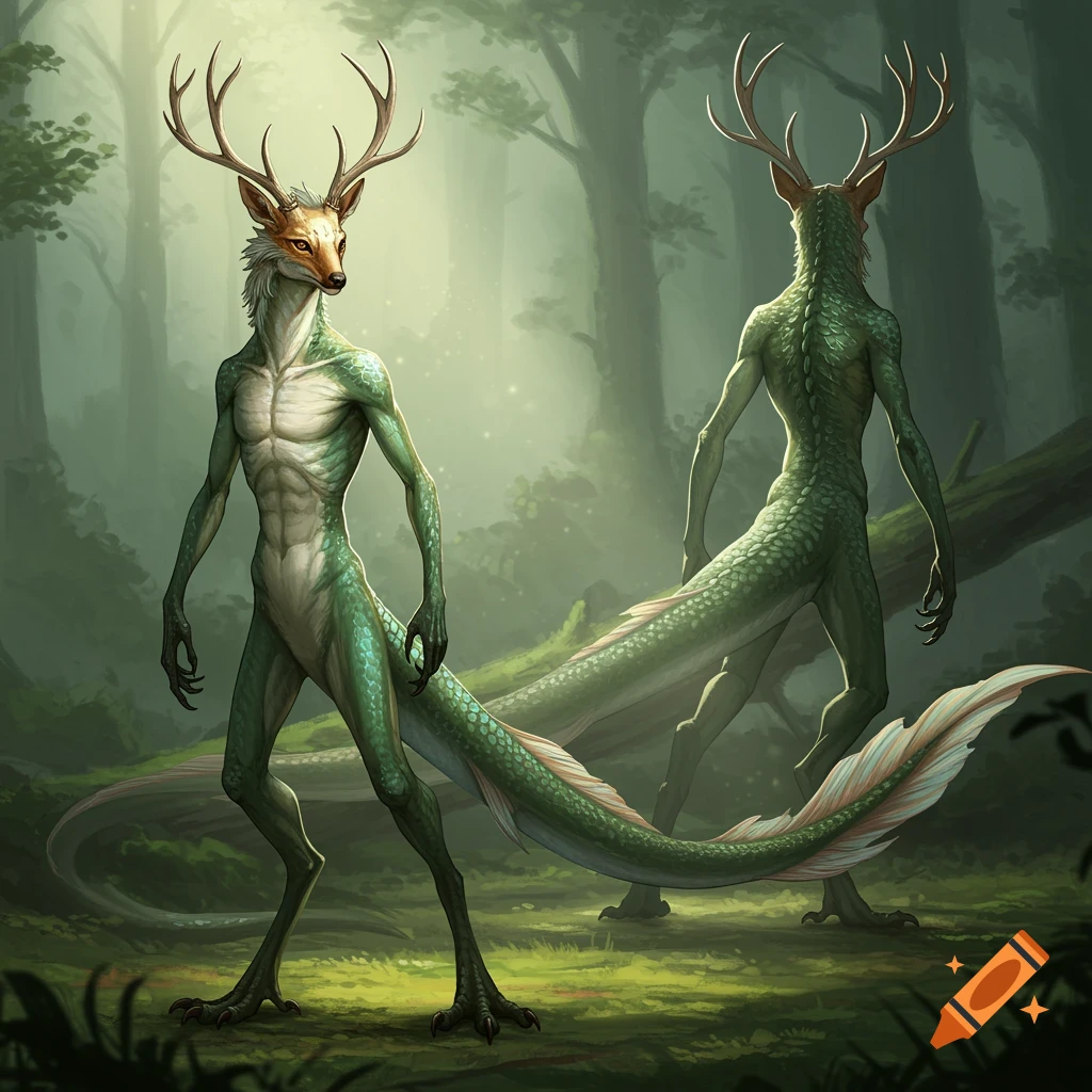 An illustration of two mythical human-like creatures with deer heads and antlers, reptilian bodies, and long tails ending in fish fins, standing in a lush green forest.