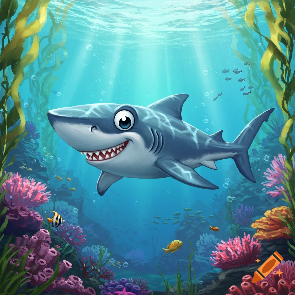 A cartoon shark with big eyes and a wide smile swims in a vibrant underwater scene with colorful coral and green kelp.
