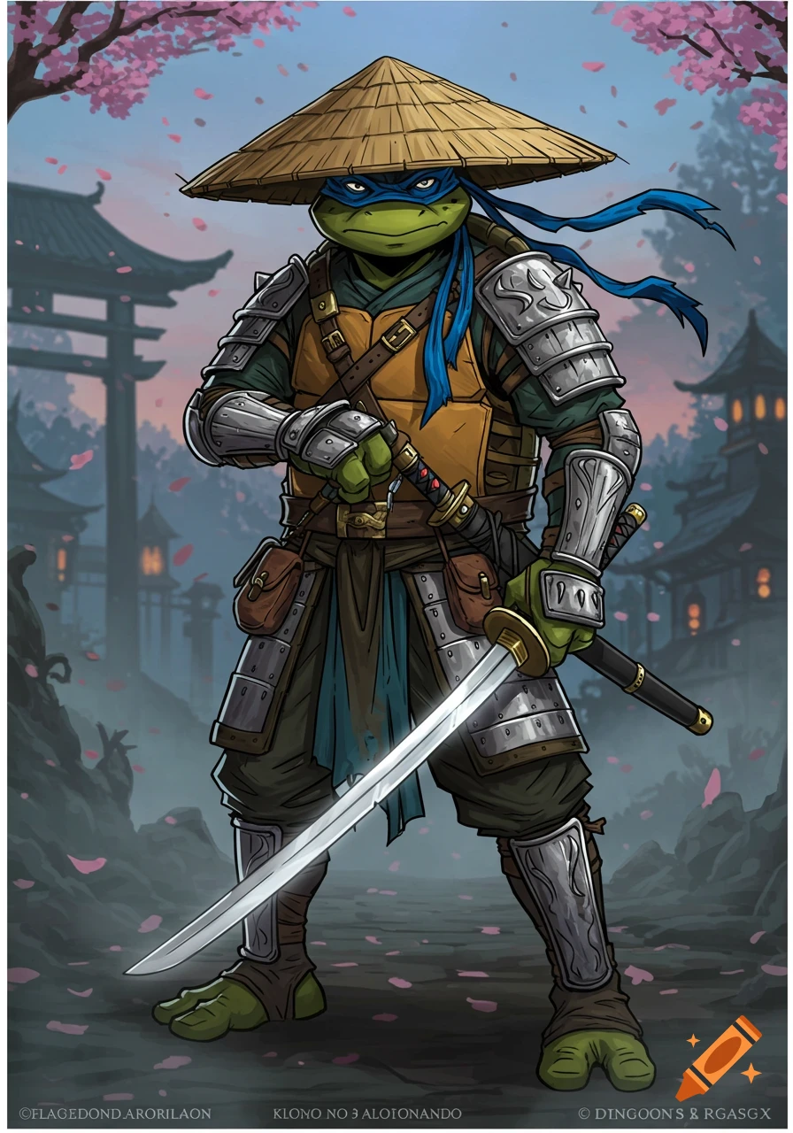 Leonardo from TMNT in samurai armor and rice hat holding a katana, standing in a Japanese landscape with cherry blossoms. Cartoon style.