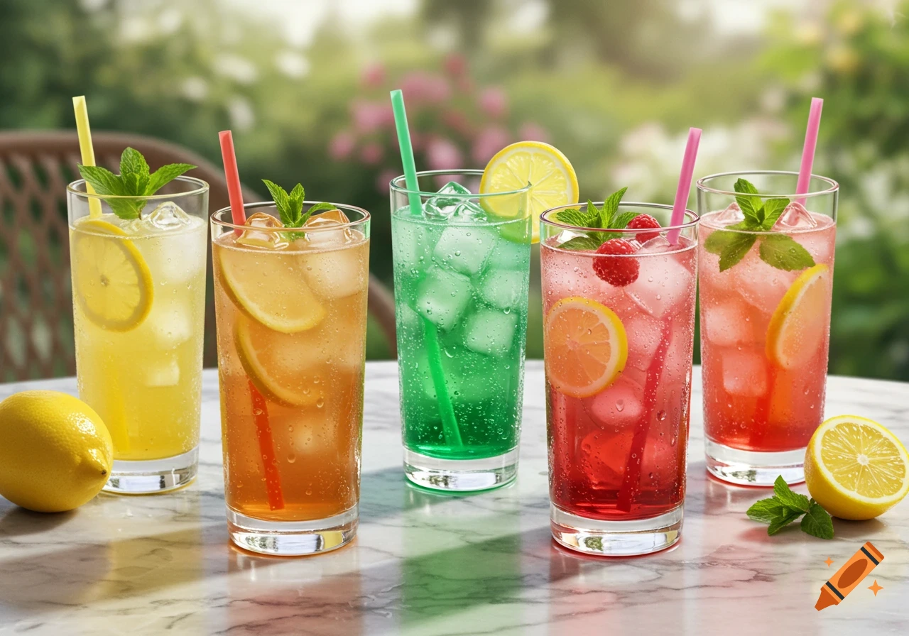 Five vibrant glasses of lemonade in different colors with lemon slices, mint, and ice on a marble table outdoors, photorealistic.