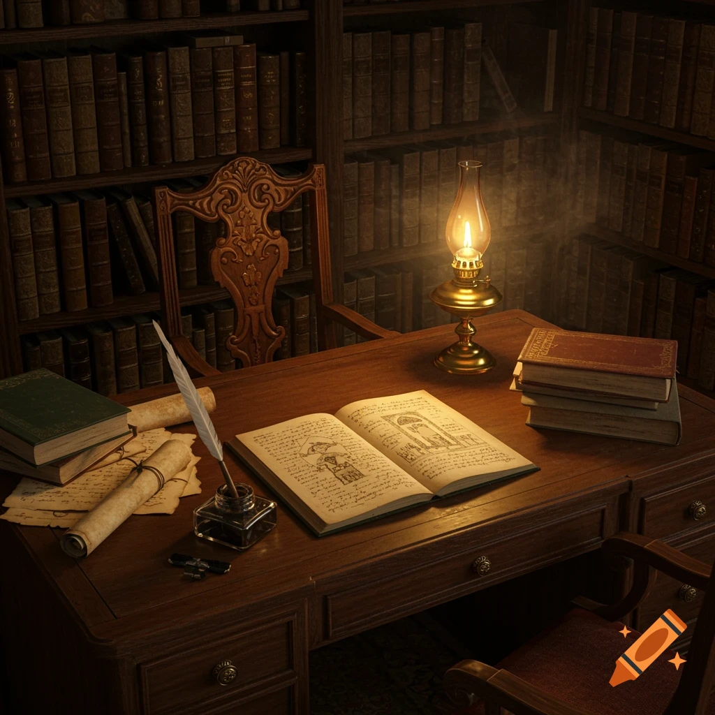 A warmly lit, vintage study with a wooden desk, an open book, quill, inkwell, and stacked books. Bookshelves fill the background, illuminated by an oil lamp.