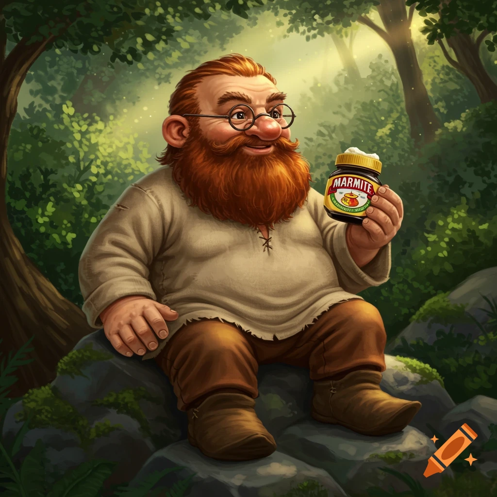 A fantasy dwarf with a red beard and glasses sits on a rock in a forest, holding a jar of Marmite.