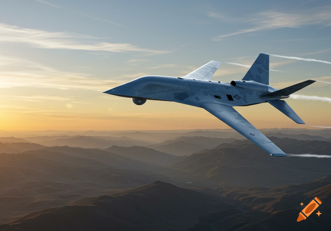 A futuristic military drone with a grey camouflage pattern flies over a vast mountain range at sunset.