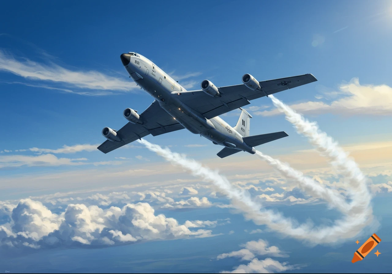A military tanker aircraft, a KC-135, performs a barrel roll, leaving white contrails against a blue sky with clouds.