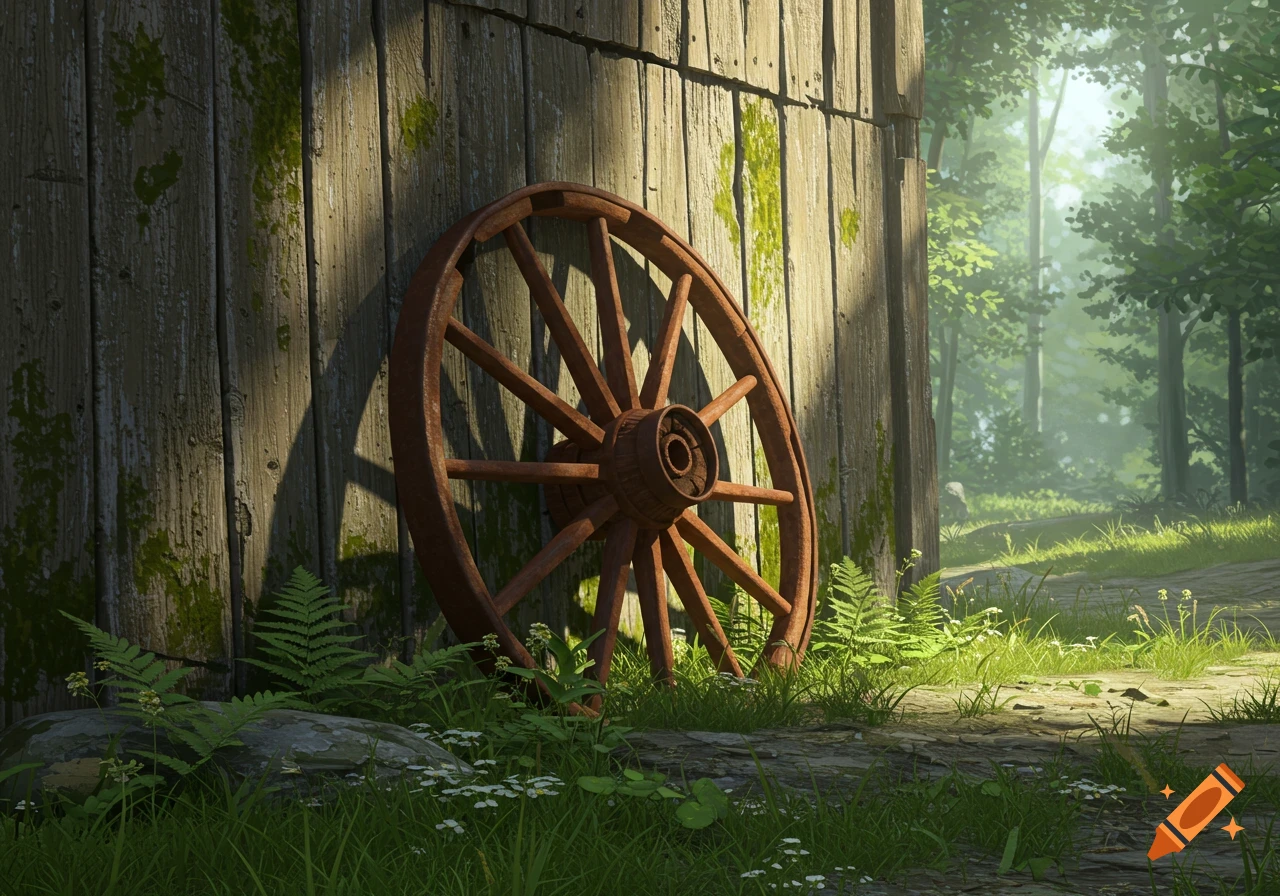 A photorealistic image of a rusty wagon wheel leaning against a moss-covered wooden wall in a sunlit forest.