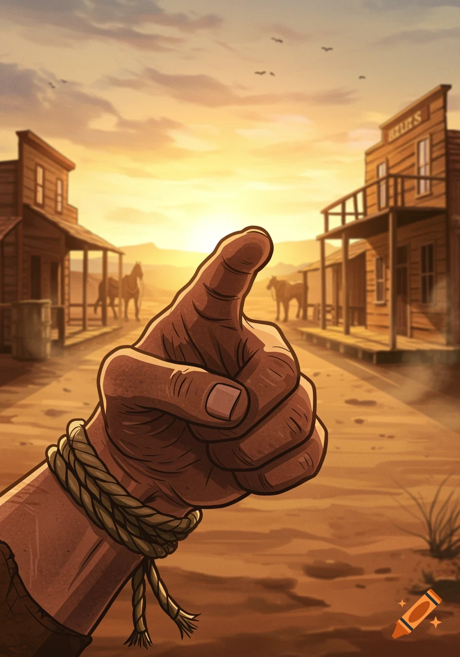 A cartoon-style close-up of a hand with a rope tied around the wrist, giving a thumbs-up in a Western town at sunset.