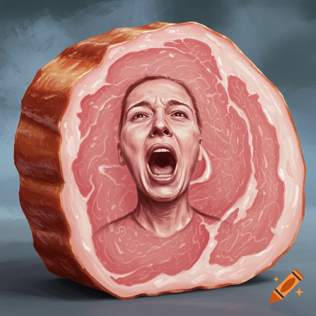 A screaming human face embedded in a large piece of ham, depicted in a digital painting style.