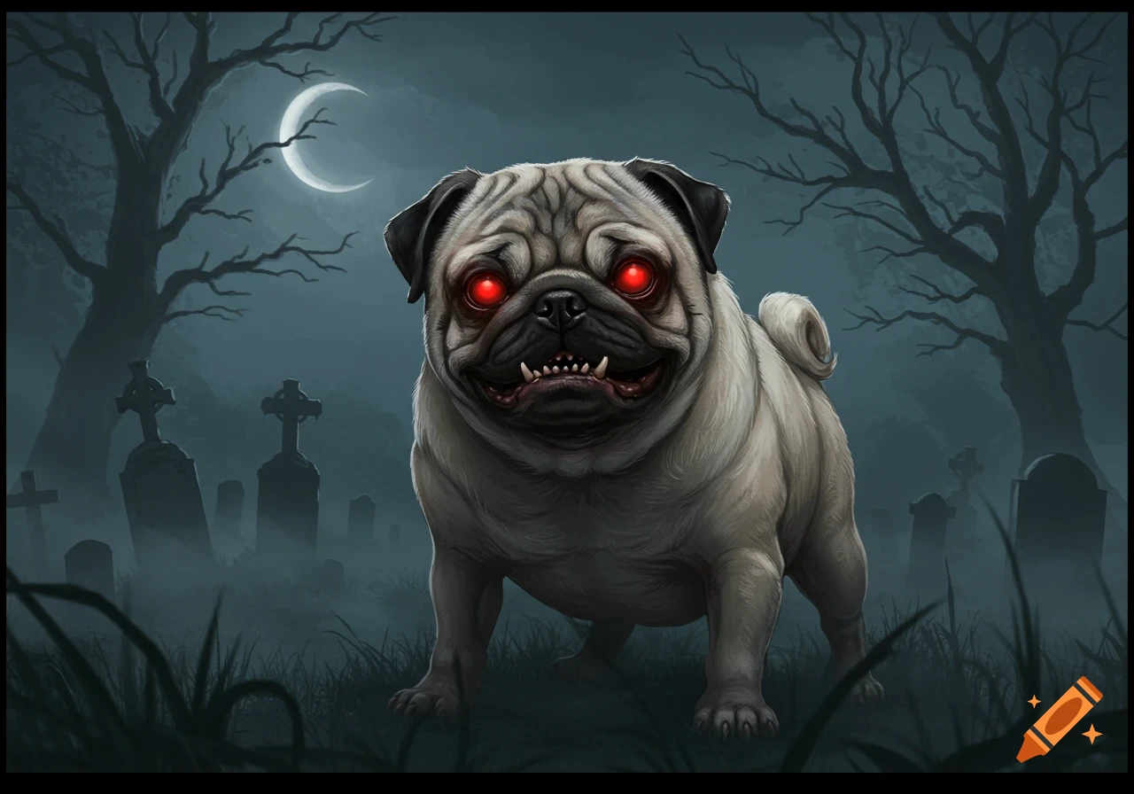 A scary pug with glowing red eyes and fangs stands in a spooky graveyard under a crescent moon.
