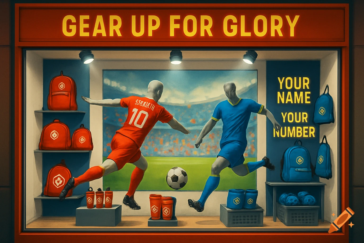 A vibrant shop window display for football gear, featuring mannequins in red and blue kits, a soccer ball, and shelves of branded backpacks and water bottles, with signs reading "GEAR UP FOR GLORY" and "YOUR NAME YOUR NUMBER."