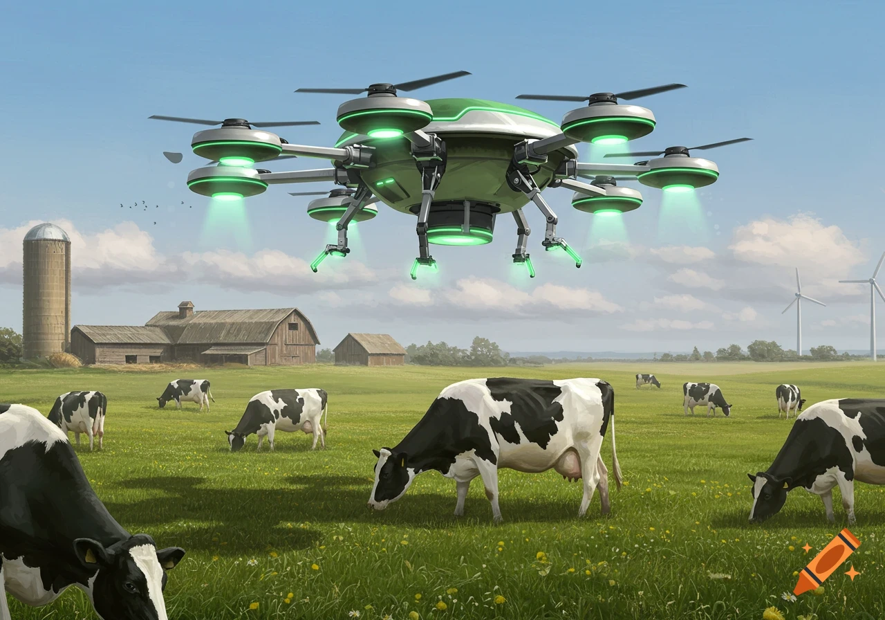 A large futuristic drone with glowing green lights hovers over a green pasture where cows graze, with barns, a silo, and wind turbines in the background.