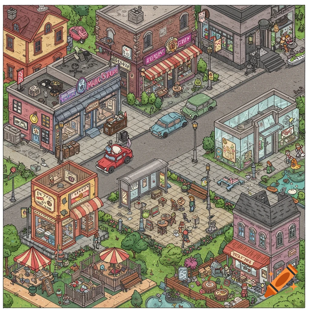 An isometric cartoon illustration of a Bloxburg town featuring various shops, houses, a park, bus stops, and cars on the street.