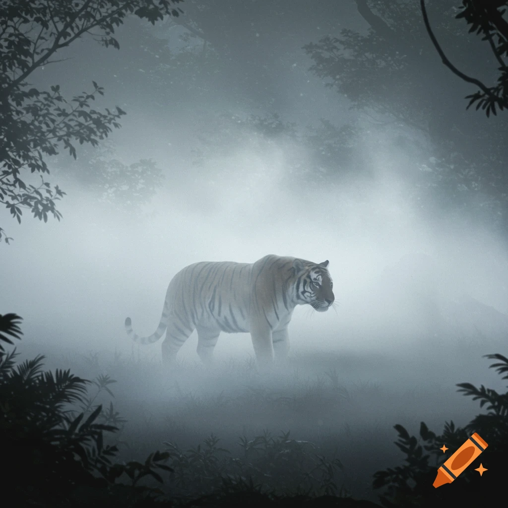 A tiger stands in a dense, misty forest with shadowy trees.