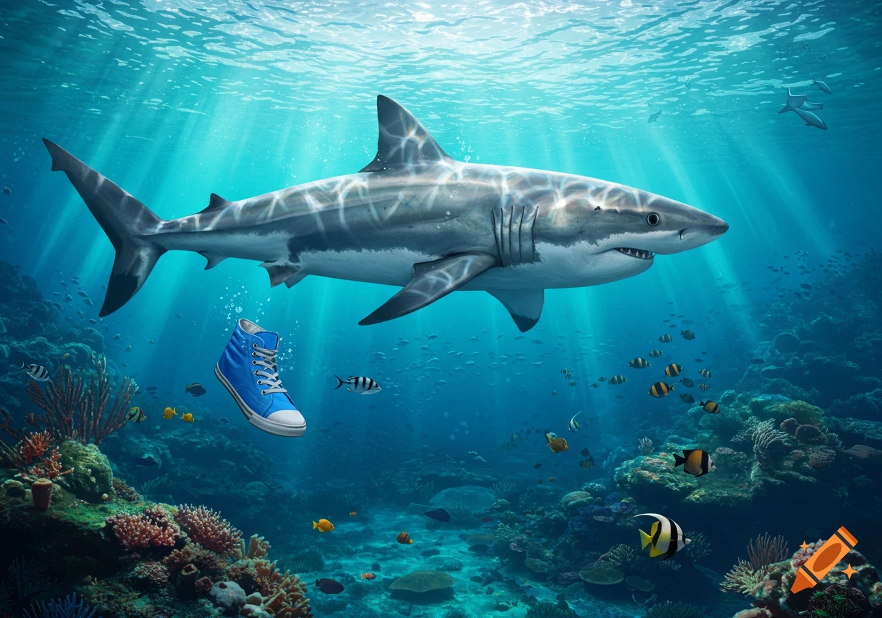 A large shark and a blue high-top shoe floating in a sunlit underwater coral reef.