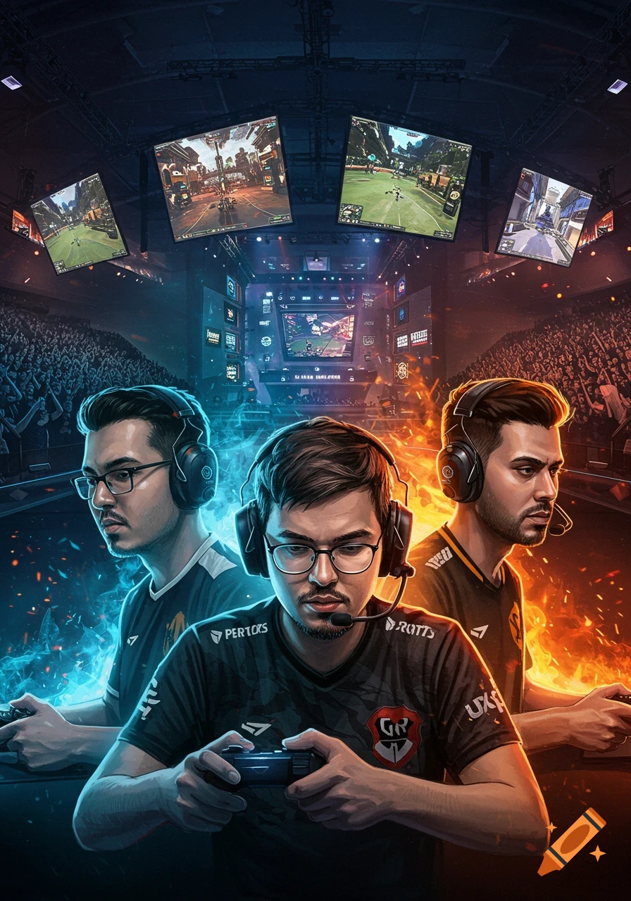 Three male esports players in an arena, holding controllers, surrounded by screens displaying gameplay, with blue and orange lighting.