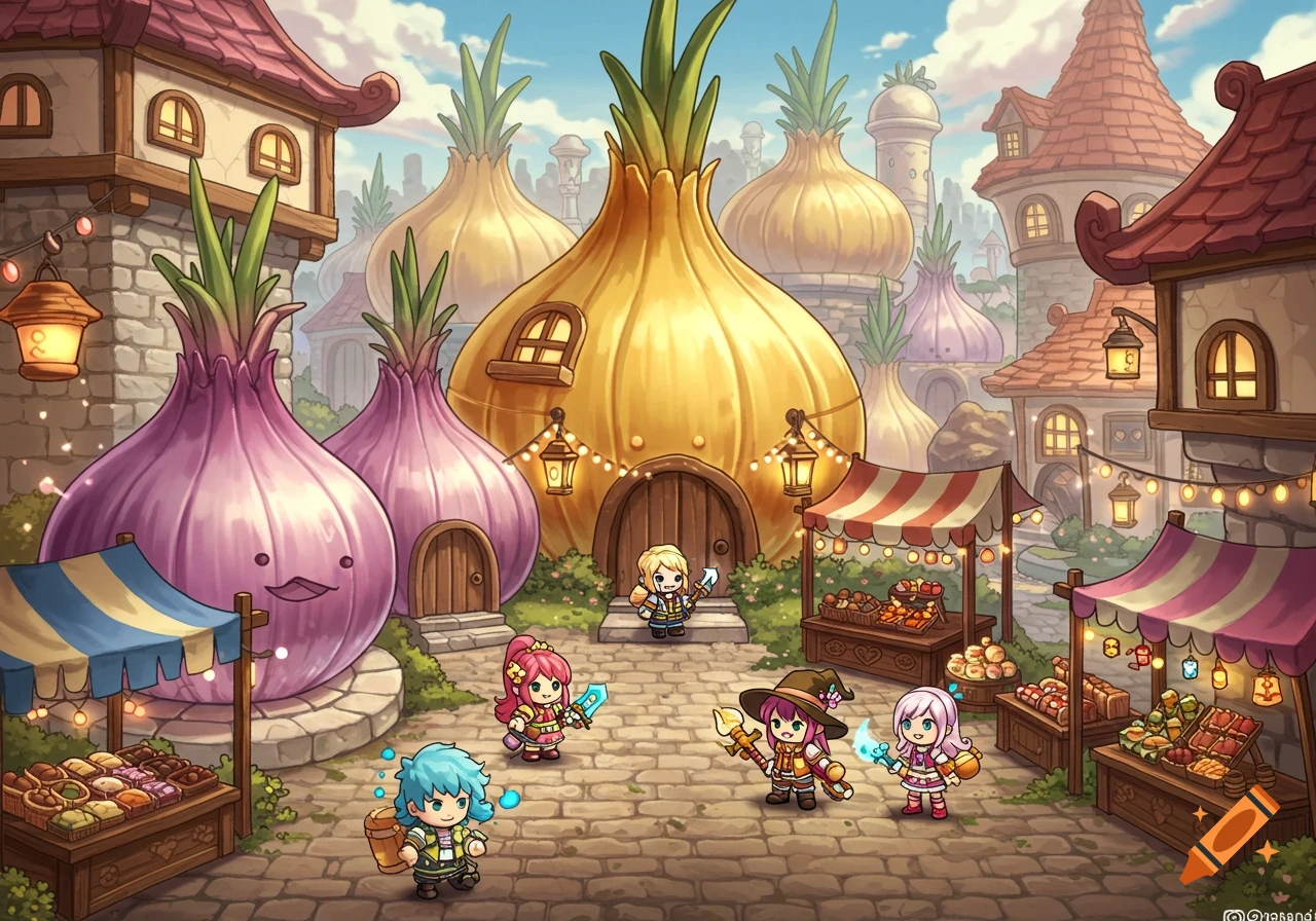 A colorful fantasy village with anthropomorphic onion houses and chibi characters in the Maplestory art style.