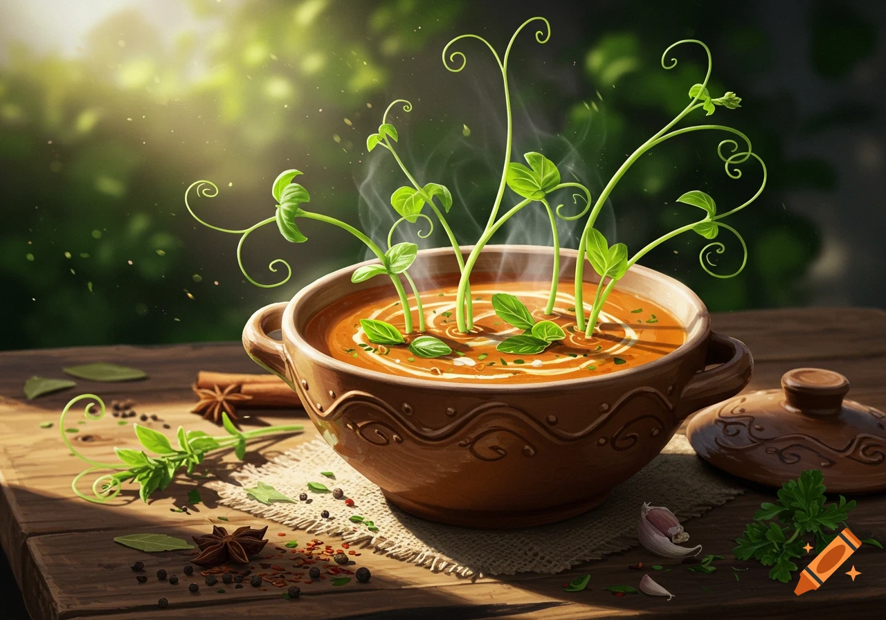 A photorealistic image of a rustic brown bowl of steaming orange soup with green pea shoots and basil leaves growing out of it, sitting on a wooden table adorned with various spices like cinnamon sticks, star anise, and peppercorns. Sunlight illuminates the scene from the upper left.