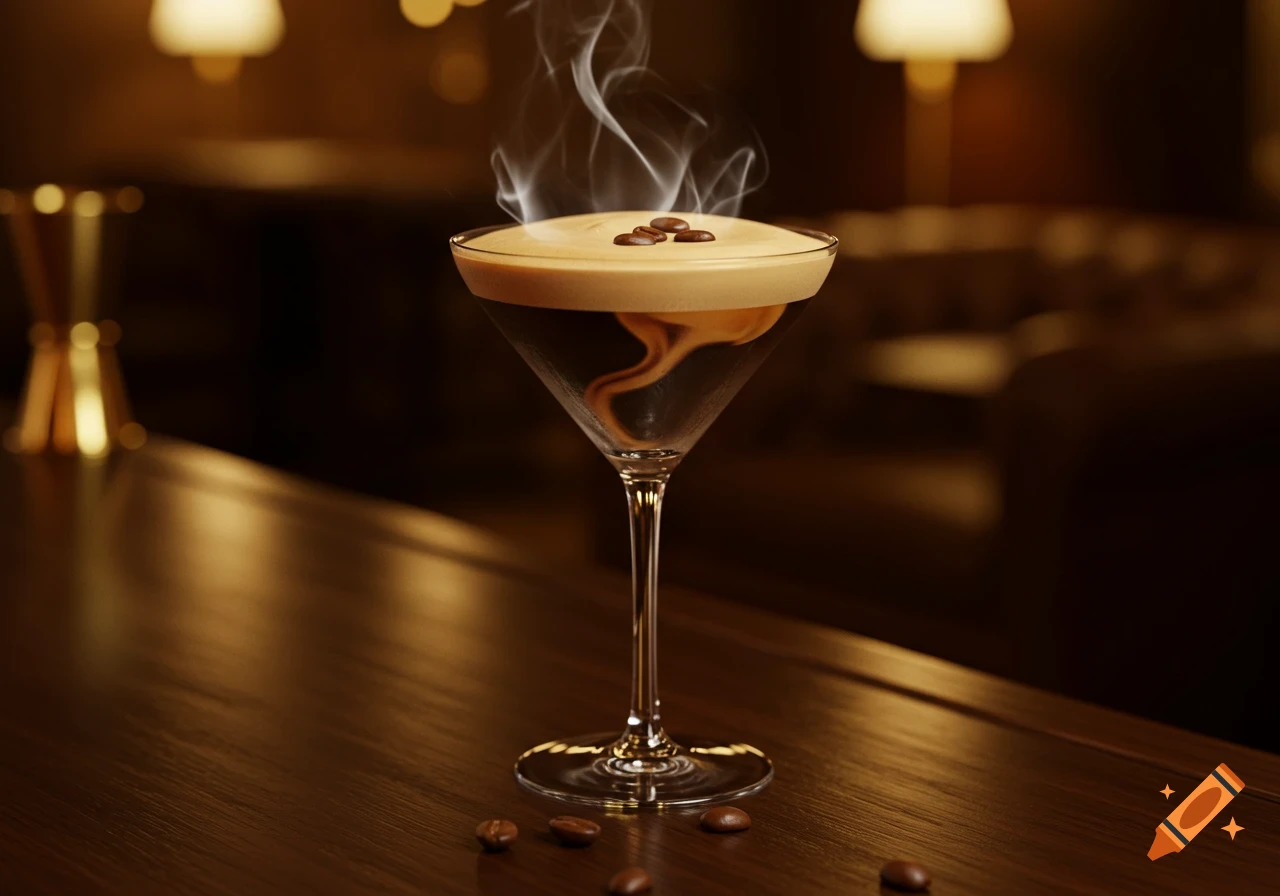 An espresso martini with coffee beans and steam on top, sitting on a dark wooden bar counter in a dimly lit setting.