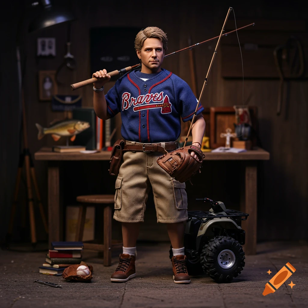 Photorealistic action figure of a blond man in a Braves jersey, khaki shorts, holding fishing rods and a baseball glove, with an ATV nearby in a workshop.