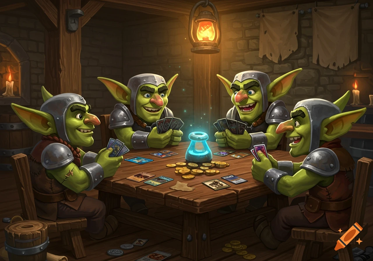 Four green goblins in armor playing a card game at a wooden table in a dimly lit tavern.