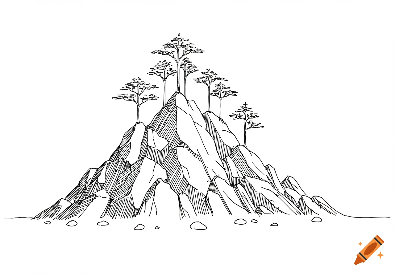 A simple black and white line drawing of a mountain made of large stones with trees growing from its peaks.
