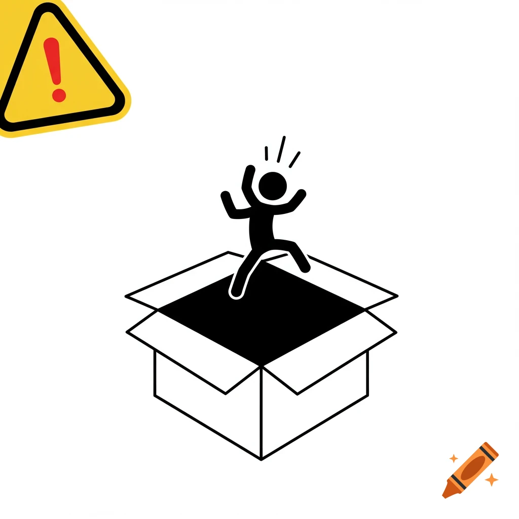 A black stick figure jumping out of an open box, next to a yellow warning triangle with an exclamation mark, on a white background. Icon style.