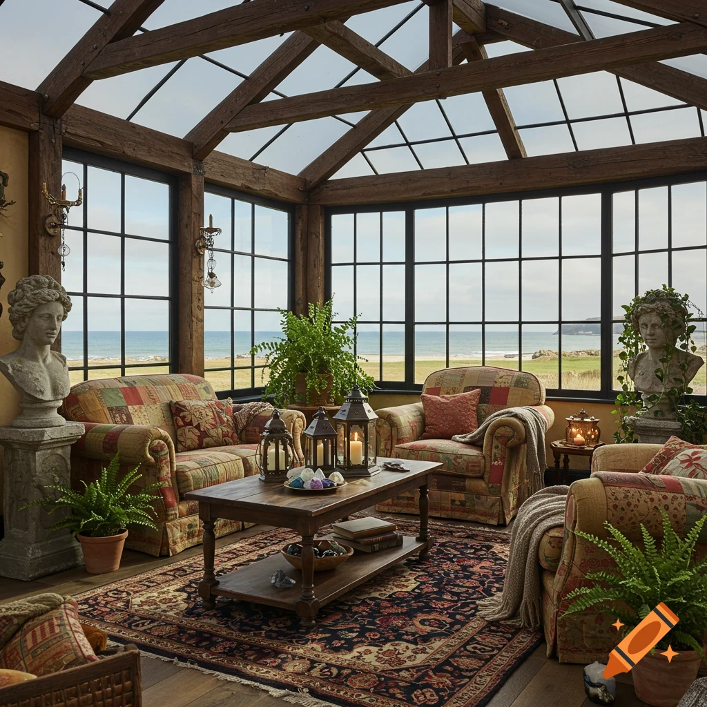 A rustic sunroom with large windows overlooking the ocean, featuring wood beams, patchwork sofas, and decorative lanterns.