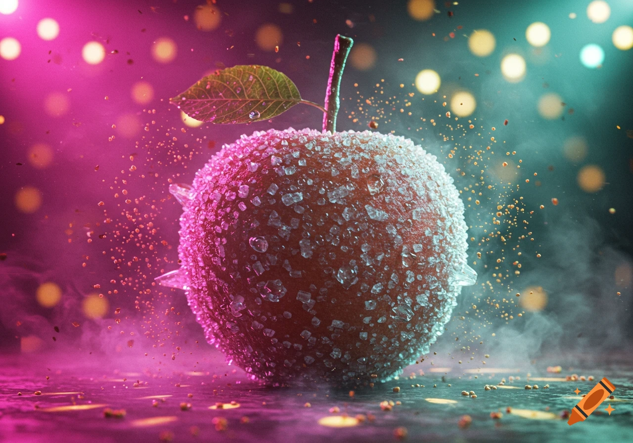 A vibrant red apple covered in sugar crystals and water droplets, glowing under pink and teal disco lights with sparkling particles in the air.