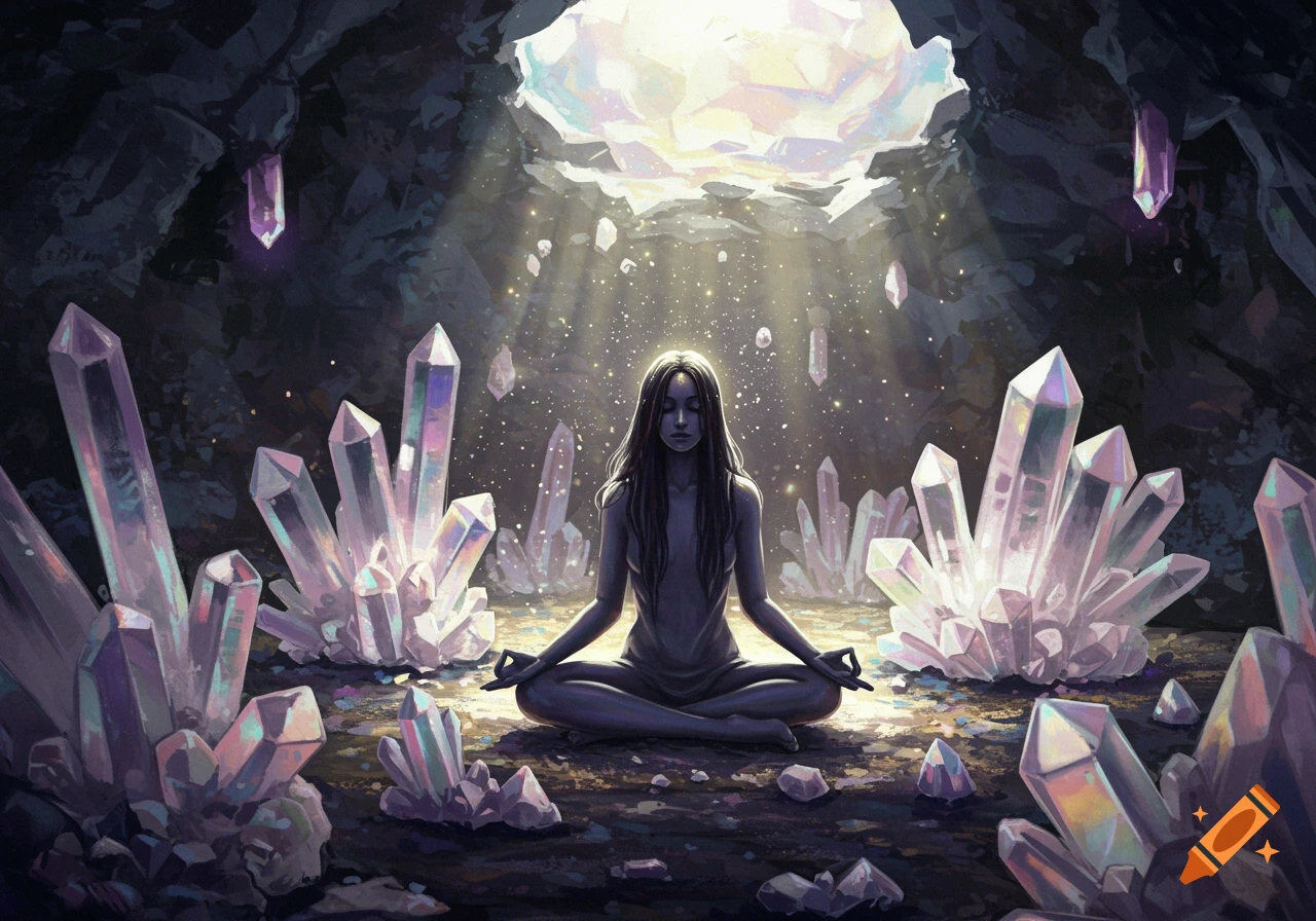 A woman meditates in a dark cave surrounded by glowing crystal formations, bathed in a beam of light from above.