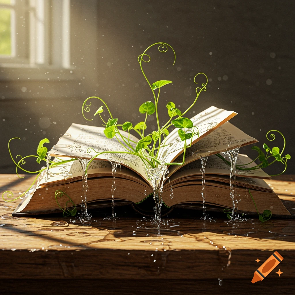 Photorealistic image of an open book on a wooden table, with green plants growing from its pages and water spilling onto the surface.