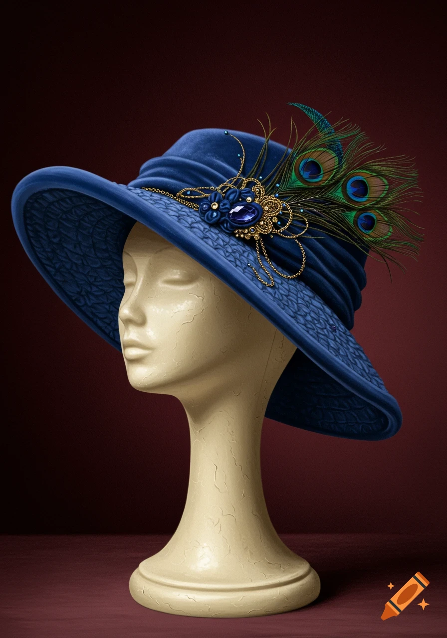 A luxurious blue wide-brimmed hat adorned with peacock feathers, a large blue jewel, and gold filigree on a cream mannequin.