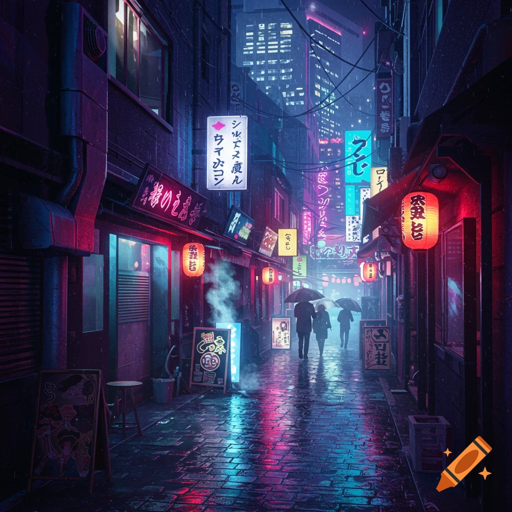 A rainy cyberpunk alleyway in a city, illuminated by vibrant neon signs and red lanterns, with three silhouetted figures walking with umbrellas.