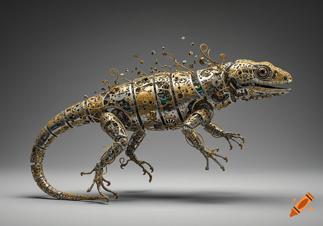Detailed clockwork lizard sculpture with gold and silver gears, springs, and cogs, with fragments floating above its back, against a grey background.