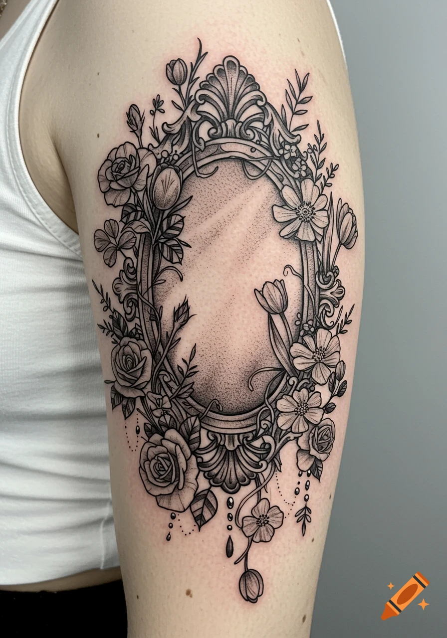 Detailed black and grey tattoo on an arm, featuring an ornate oval mirror frame surrounded by roses, tulips, and vines.