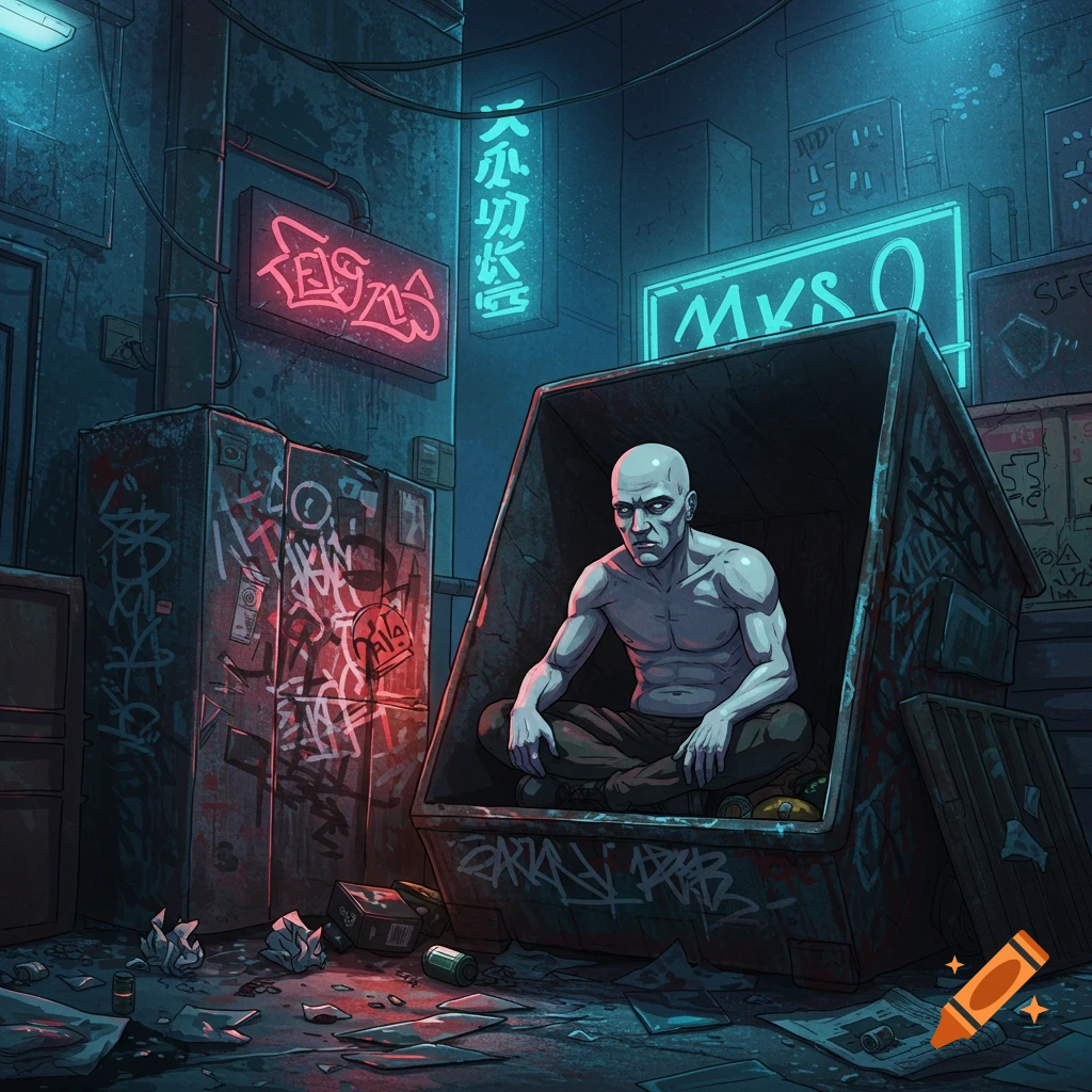 A bald, shirtless man sits cross-legged in a dumpster in a dark, neon-lit cyberpunk alley, surrounded by graffiti.